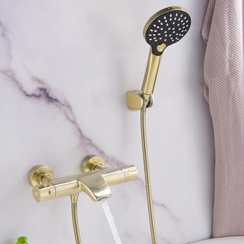 Brushed Gold Thermostatic Bathtub Shower Set Wall Mounted Brass Bathtub Faucet, Bathroom Bath and Shower Mixer Taps Brass