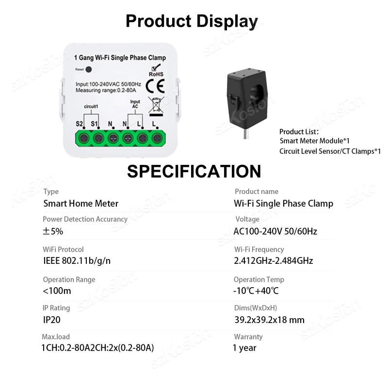 Tuya Wifi Electric Consumption Meter 1CH/2CH Power Meter Energy Monitoring Smart Home DIY Wattmeter 80A AC110V/240V