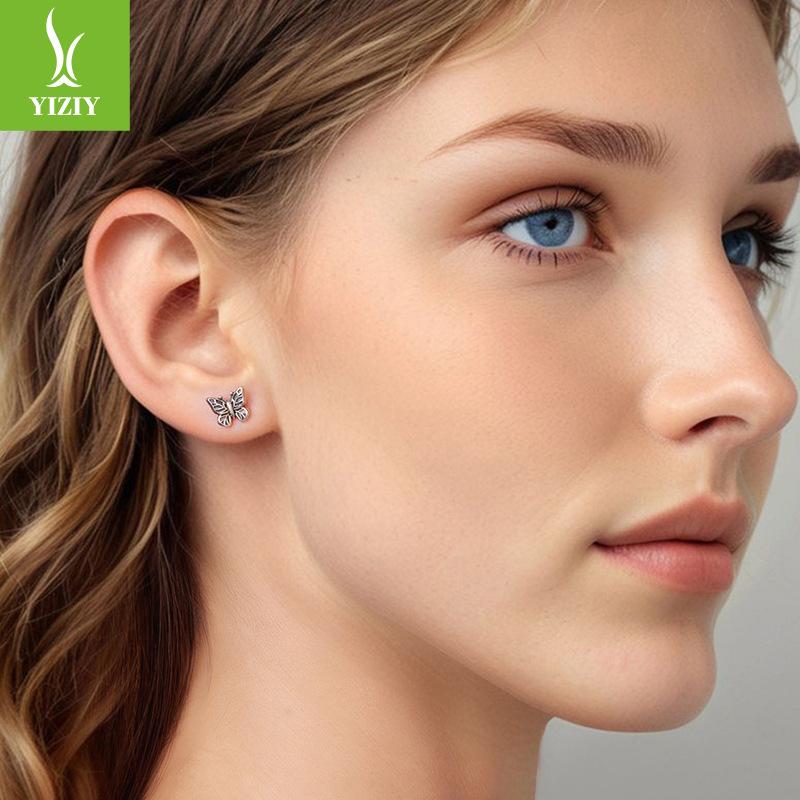 S925 Sterling Silver Retro Butterfly Stud Earrings Women'S Niche Versatile Butterfly Plain Silver Stud Earrings