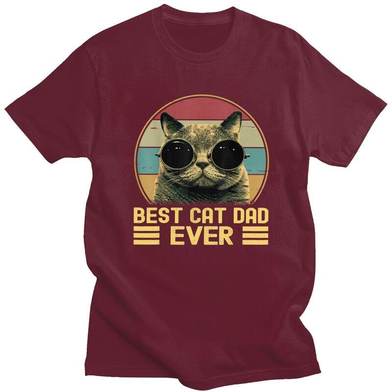 Custom Vintage Best Cat Dad Ever T Shirt for Men 100 Cotton Tshirt Short Sleeves Fathers Day Gift Tshirt Loose Fit Clothing
