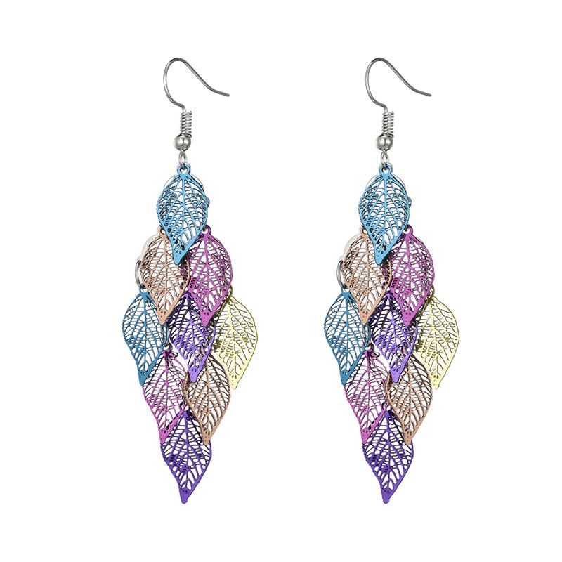 Vintage Colorful Hollow Leaf Drop Dangle Earrings For Women Girls 2023 Fashion Zircon Lightweight Long Boho Delicate Earrings