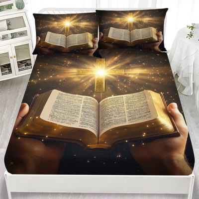 Latacaca 3pcs Religious Bible and Cross Fitted Sheet Set 1 Fitted Sheet and 2 Pillowcases All Seasons Bedding Set Perfect