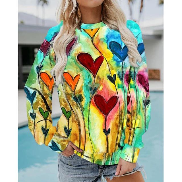 

Весенне-осенняя футболка с круглым вырезом, с красочным узором в виде сердец с 3D-принтом, модная повседневная женская футболка с длинным рукавом 5XL