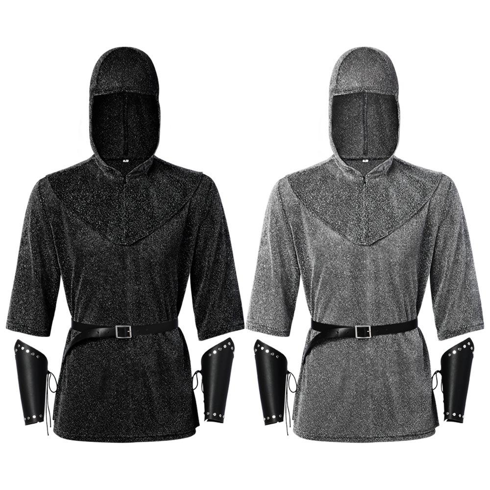 Costume cosplay da cavaliere in cotta di maglia, giacca con cappuccio stile ranger retrò medievale, protezioni per i polsi e cintura costume da spettacolo