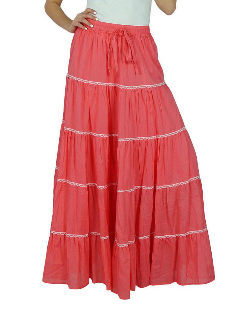 Bimba Damen Langer ausgestellter Baumwollrock Boho Maxi Unterteil Elastische Taille