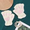 Cartoon cat claw gloves women's winter cute girl bare finger thickened warm bear paw plush half finger gloves