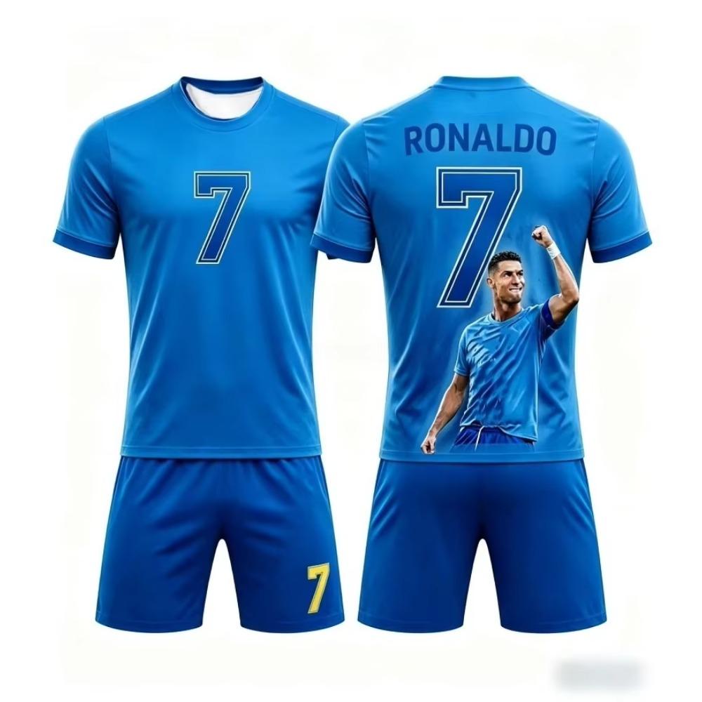 Nuovo Set Estivo di T-shirt Sportiva a Maniche Corte + Pantaloncini Moda Ronaldo #7 Maglia da Calcio Traspirante Set Famiglia Bambini