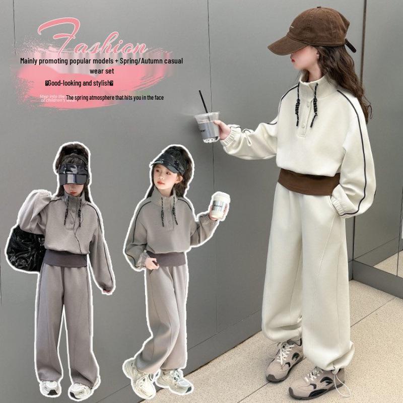 

Stylish Girls Grey Stand-up Collar Hoodie & Casual Pants Set for Spring/Autumn 2026 110cm