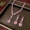 European & American Style Zircon Pink Water Drop Necklace & Earrings Set