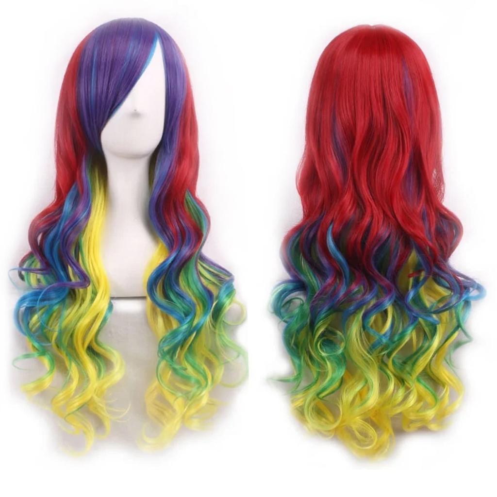 Soowee Synthetic Hair Ombre Rainbow Cosplay Wig with Bangs Red Yellow Purple Green Blue Wigs for Black Women