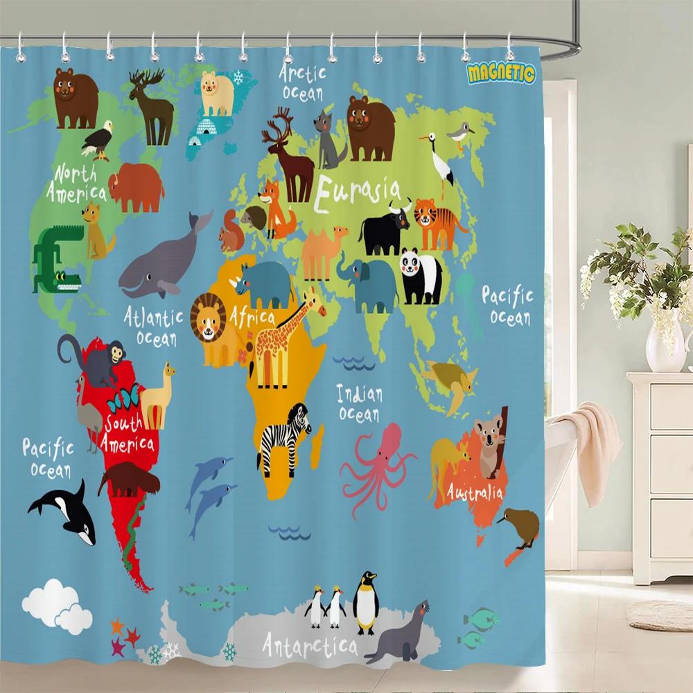 Cartoon Shower Curtain Animal Map Shower Curtains Baby Waterproof Polyester Fabric for Bathtub Bath Room Decor with Hooks