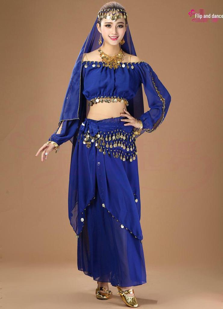Traditional Ethnic Belly Dance Costume with Coin Skirt and Long Sleeves
