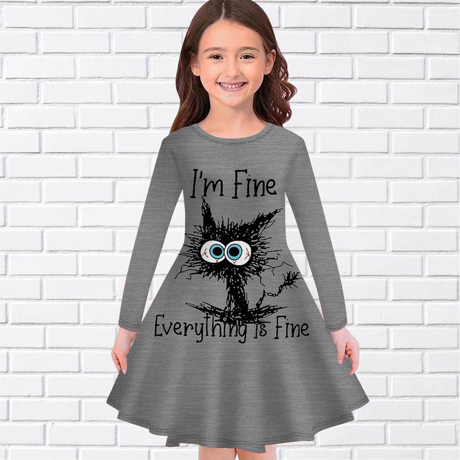 Girl Casual Stupid Cat Print Round Neck Long Sleeve Dress Kid Princess Dress