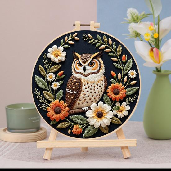 1 Set Owl Embroidery Kit with Hoop Threads Needles Beginners Pre-Stamped Bird Cross Stitch