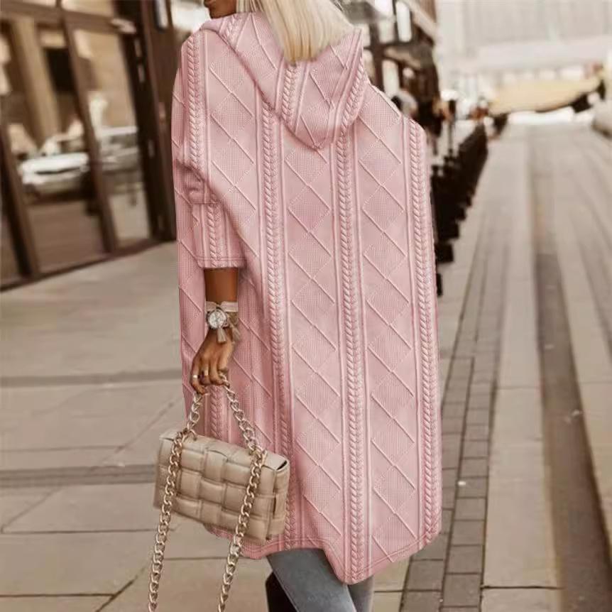 New Women's Jacket Cable Texture Hooded Pocket Long Sleeve Long Windbreaker for Women