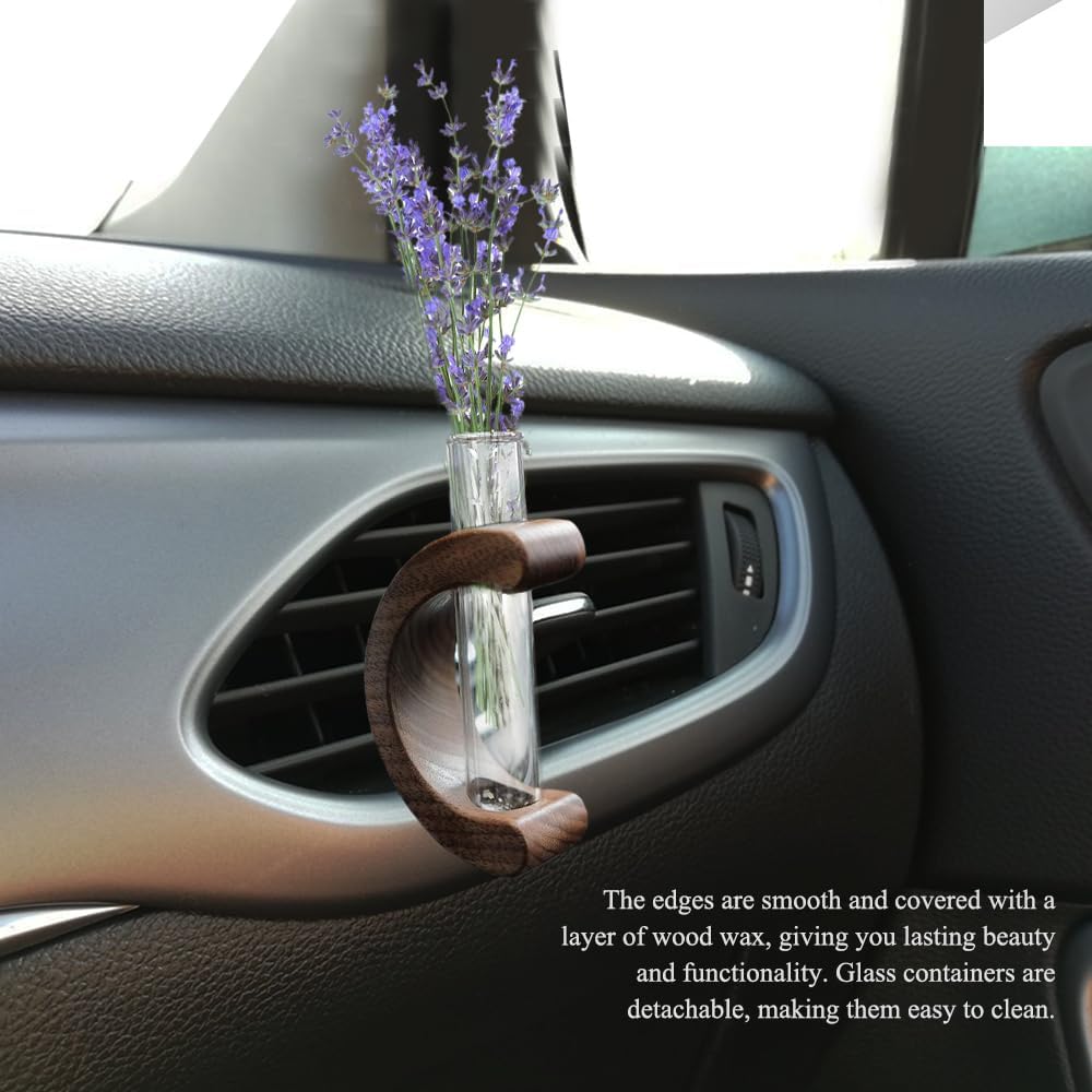 Little Glass Flower Vase Air Vent Clip, Car Flower Vent Clip, Cars Vase Vent Clip Plant Holder, Universal Auto Interior Wooden Ornament Decoration