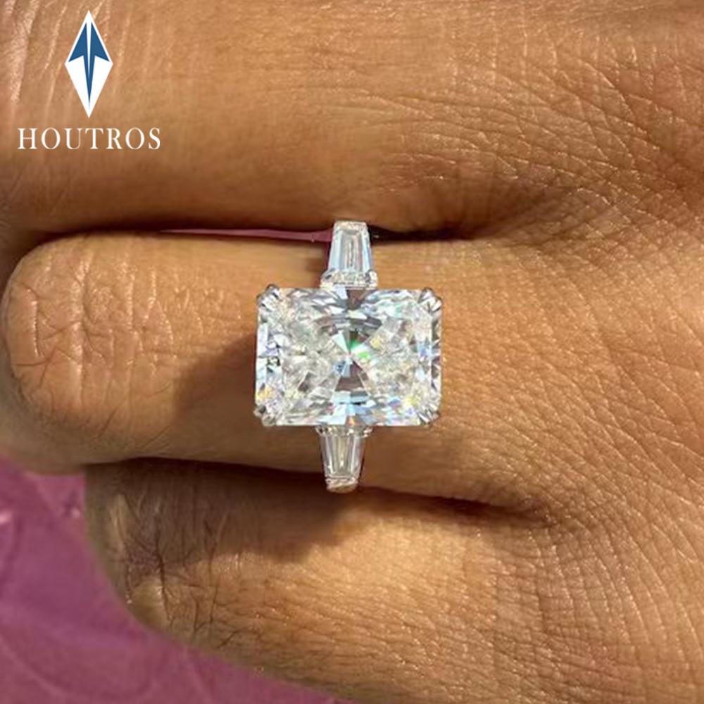 4 Carat Radiant Cut Moissanite Rings D Color Three Stone Diamond Engagement Ring Wedding Bands for Women CopperFine Jewelry