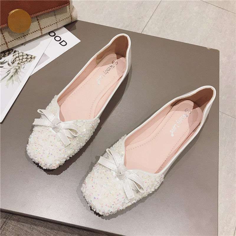 2025 spring new wedding shoes toasting shoes Korean version sequined red four-season single shoes square head large size women's shoes flat shoes