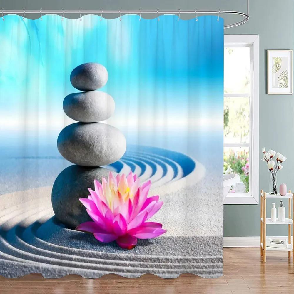 Tenda Doccia Zen Paesaggio di Loto Tenda Doccia Meditazione Pietre Zen Bambù Verde Fiore Pianta Tende Doccia Arredo Bagno