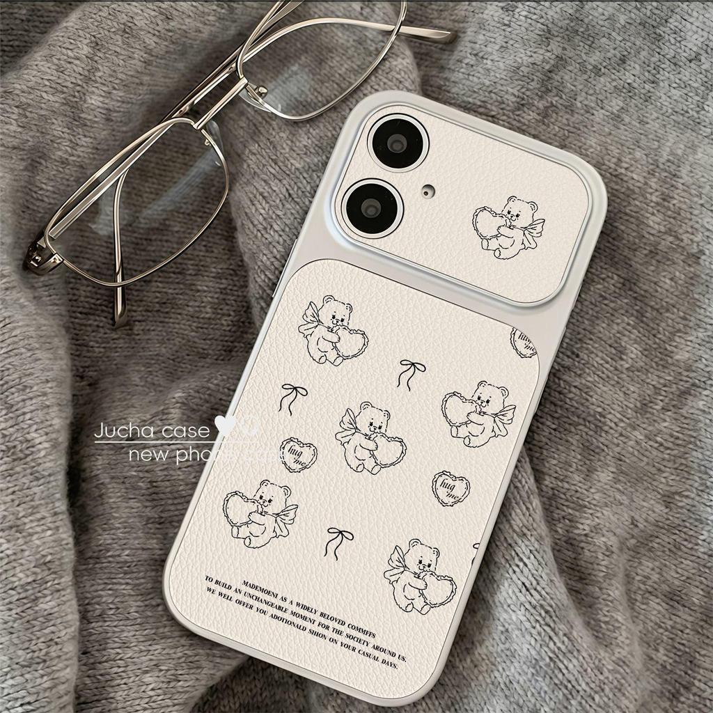 Angel Bear Leather Texture Silver Frame Case for Apple 13 Pro, 14, 15, 16, 17 Pro Max