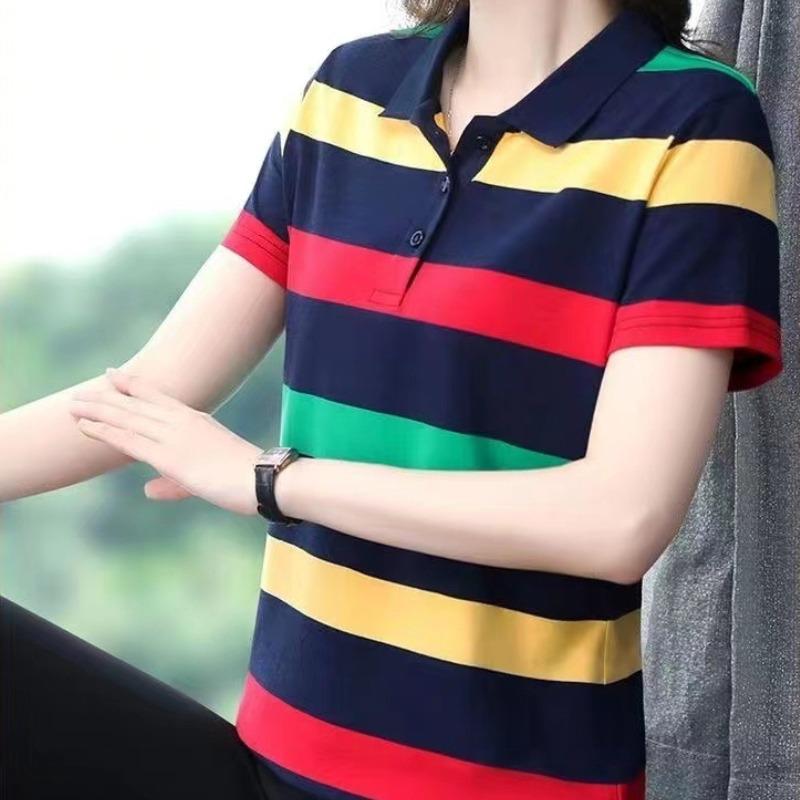 YYFS Women's Fashion Casual Summer Spring Stripe Print Short Sleeve POLO Neck Blouses & Shirts