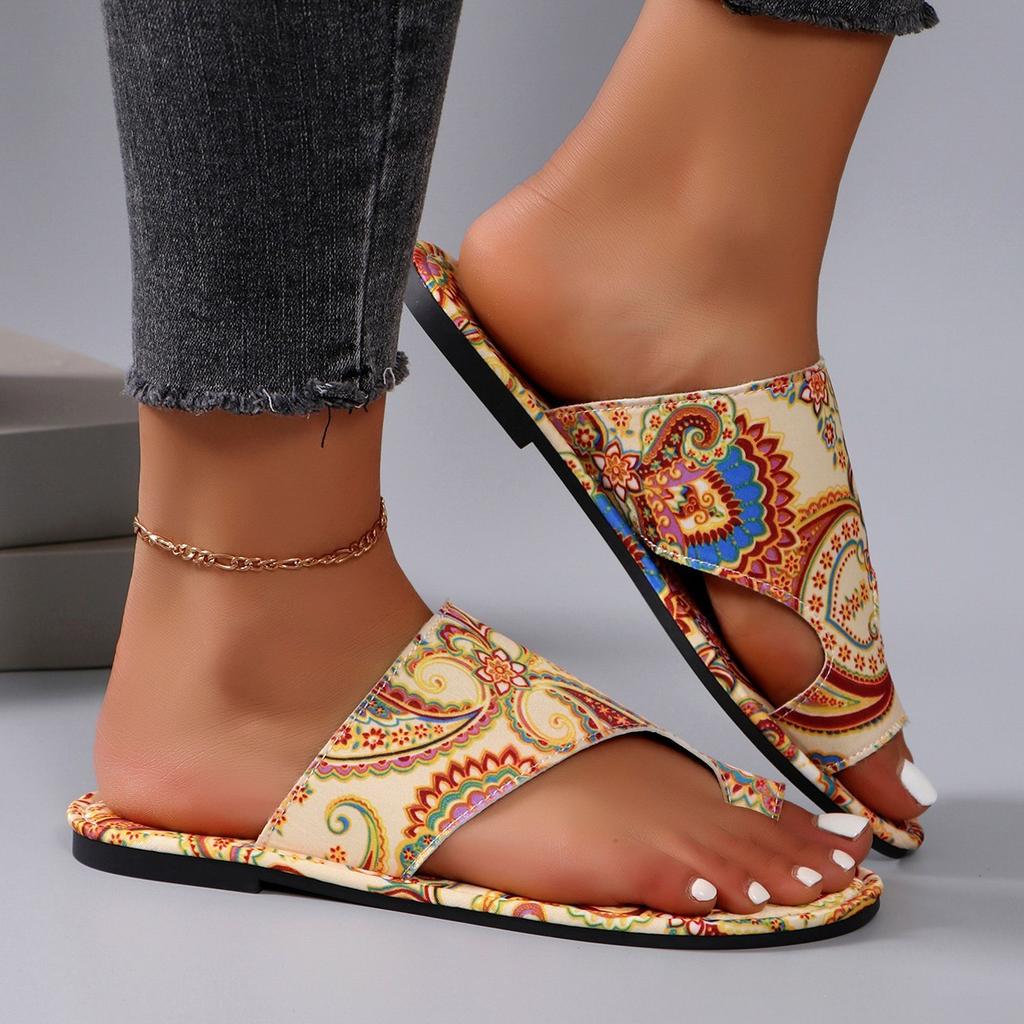 Large size summer new outer slippers cover toe print flat heel cool slippers