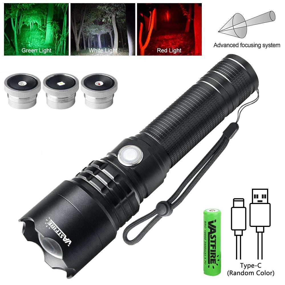 3in1 Tactical Flashlight Green/Red/White Rechargeable Zoom Hunting Flashlight Torch Professional Shooting Night Scout Light Set