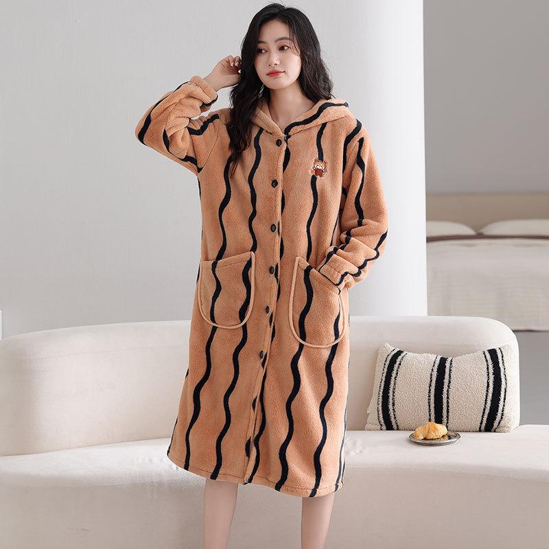Korallfleece Nachthemd Damen Herbst und Winter Pyjama Fleece Verdickt Warm Korallfleece Strickjacke Kapuzenbademantel