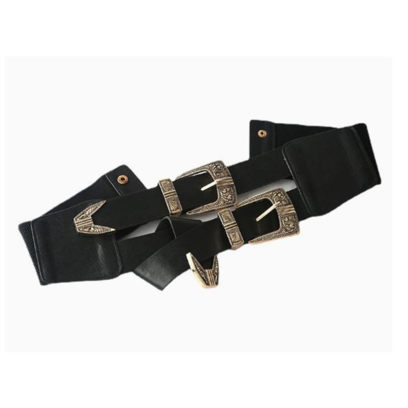 Women's Fashion Elastic Wide Waistband with Metal Carved Double Buckle Decorative Waist Belt for Dresses and Blouses Slim Waist