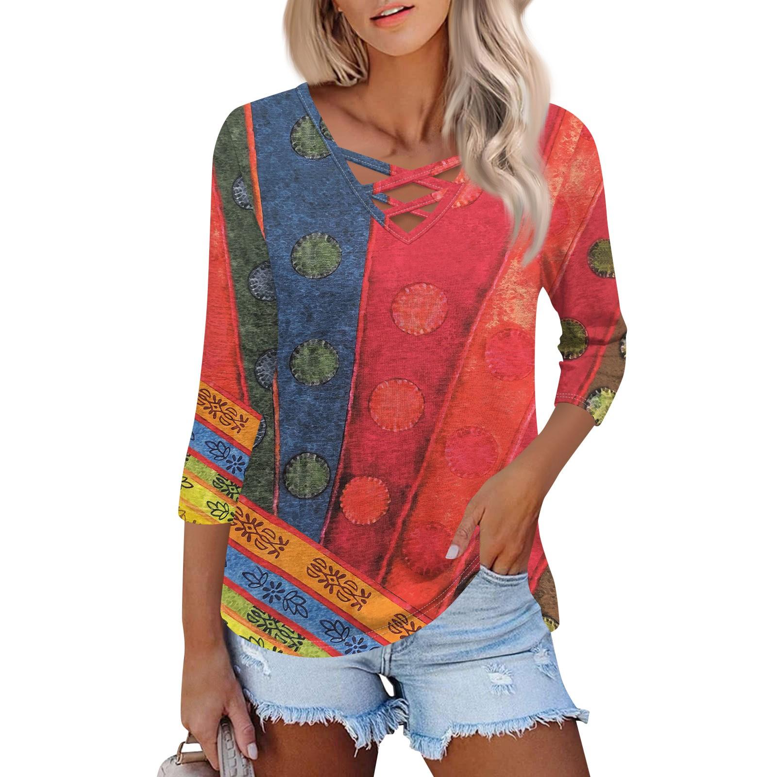 

Жіноча мода Вільна футболка з V-подібним вирізом та рукавом сім восьмих, з принтом, повсякденний топ L Кіновар