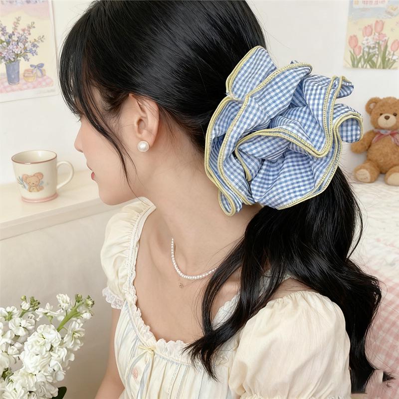 Korean Style Ruffled Plaid Color-Block Hair Tie - Retro Bun Accessory