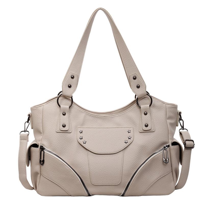 PU Shoulder Bag Women's Fashion Tote with Star Stud Detail and Dual Side Zip Pockets