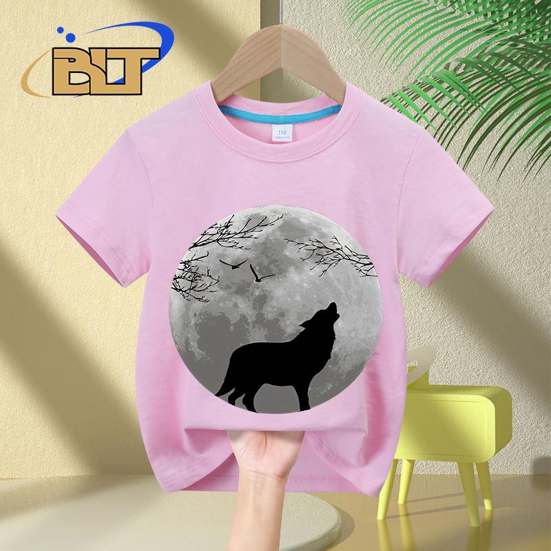 Howling Wolf printed kids Tshirt summer childrens pure cotton shortsleeved casual tops boys and girls gifts