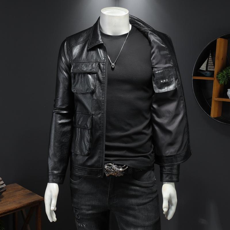 European Station Autumn and Winter New Lapel Leather Jacket Men's Trend Fashion Motorcycle Jacket Handsome Soft Leather Jacket