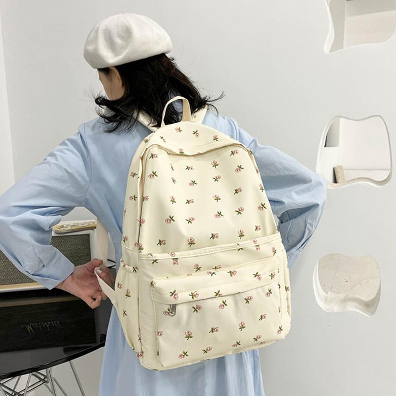 Korean School Backpack for Teenage Girls White Floral Bags for Women Cute Nylon Backpack