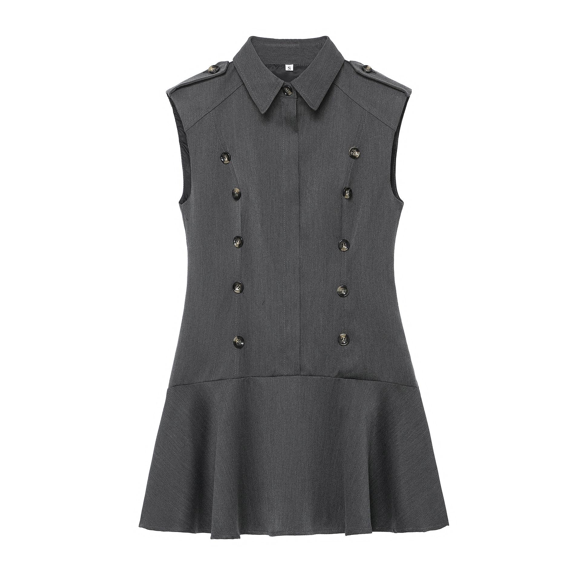 

Spring 2026 European & American Fashion Casual Dress with Button Decoration & Padded Shoulders, Women L8360 Small серый