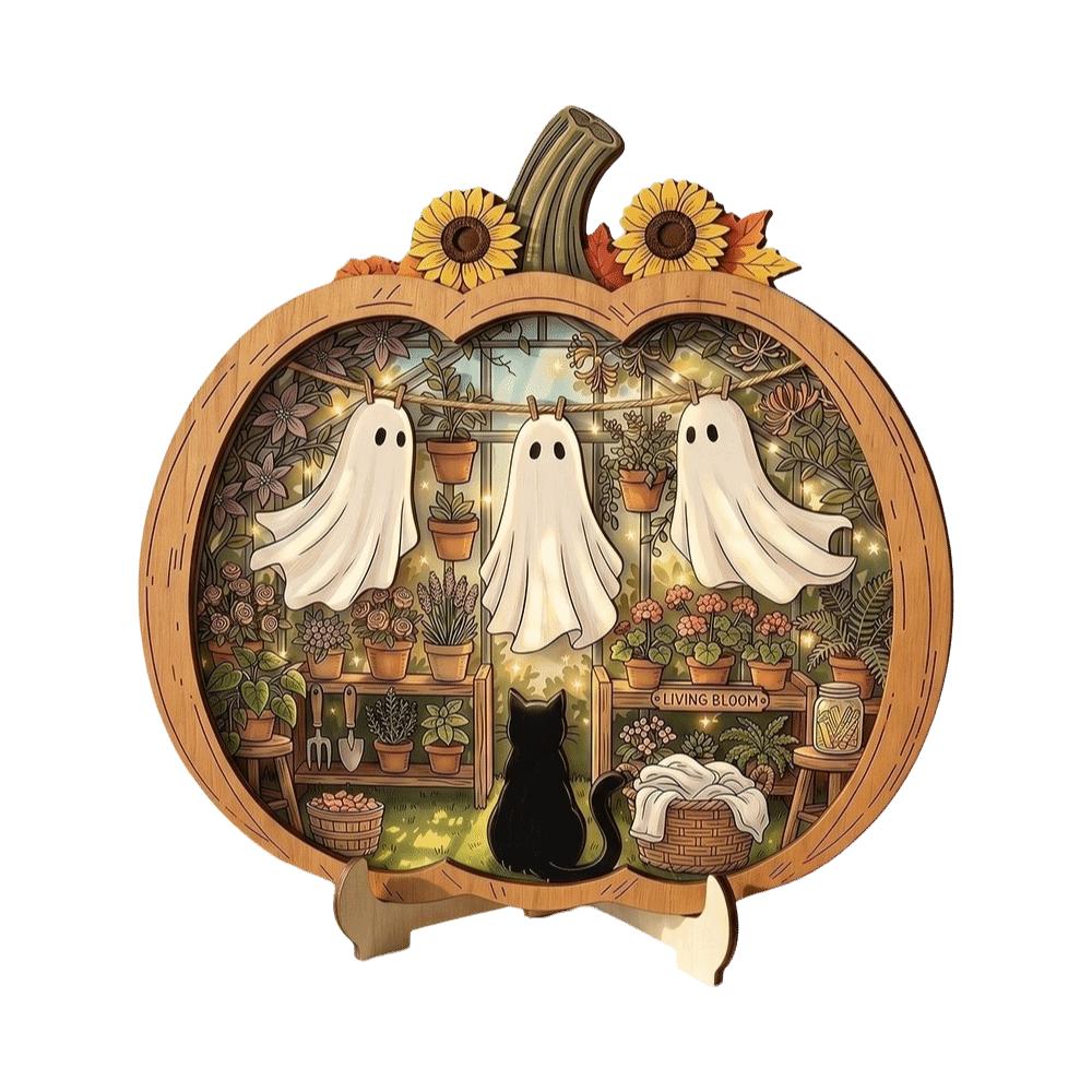 2D Flat Desktop Decoration Wooden Halloween Decorative Plate Funny Pumpkin Ornament Home