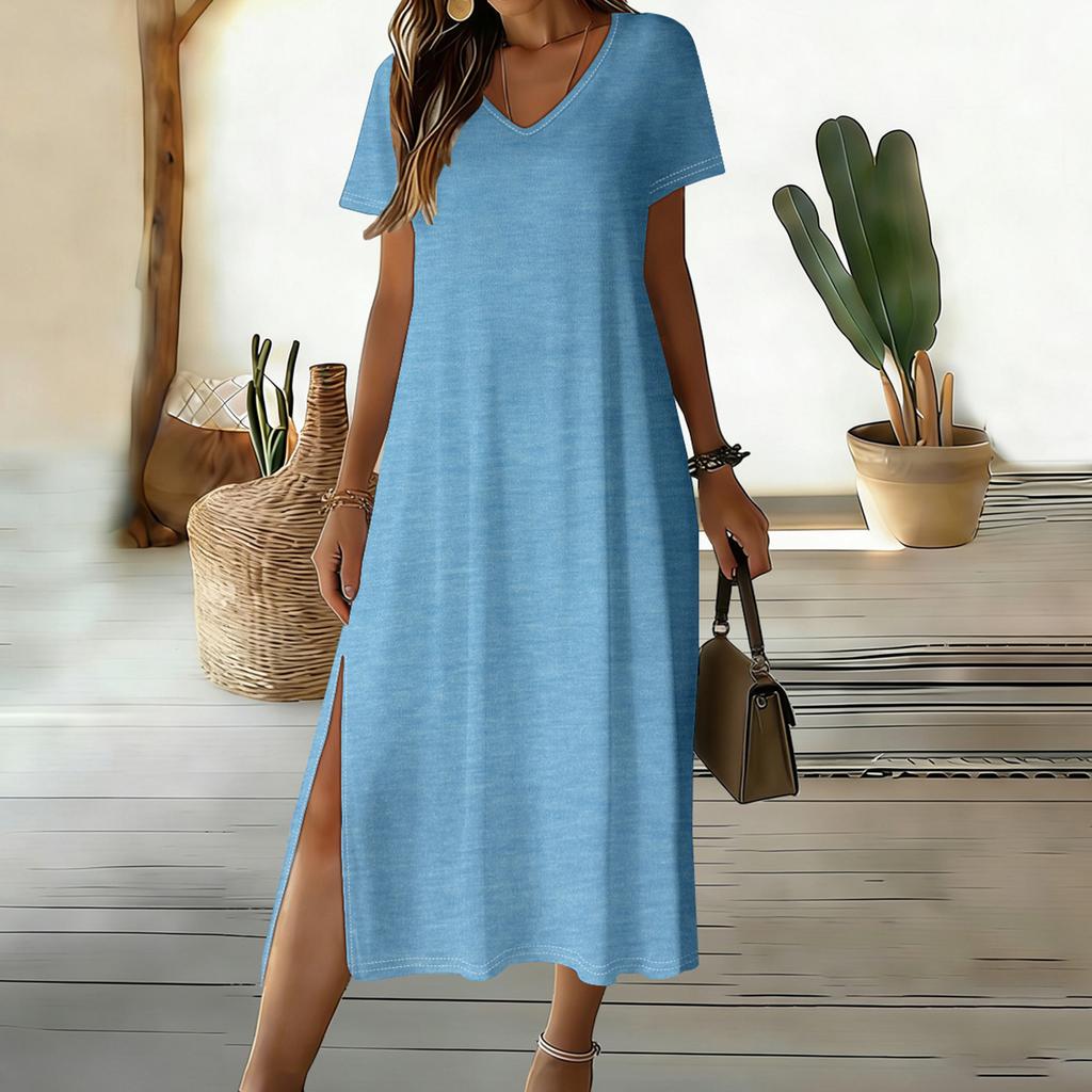 Damen Casual Lockerer V-Ausschnitt Kurzarm Rock Mit Schlitz Am Saum Und Mittellangem Design