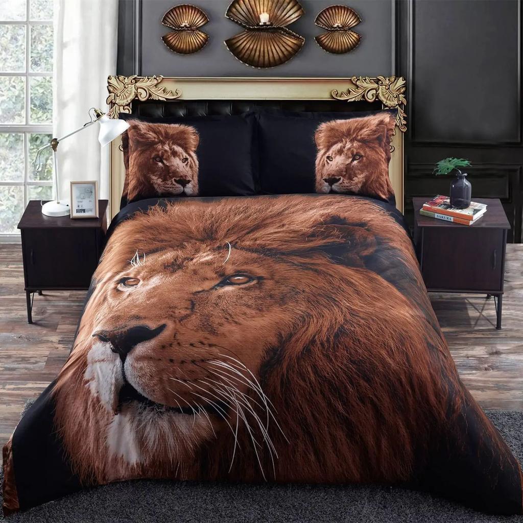 Lion Print Duvet Set Full Size Animal Flower Quilt Cover Natural Theme Bedding Three-Piece Set