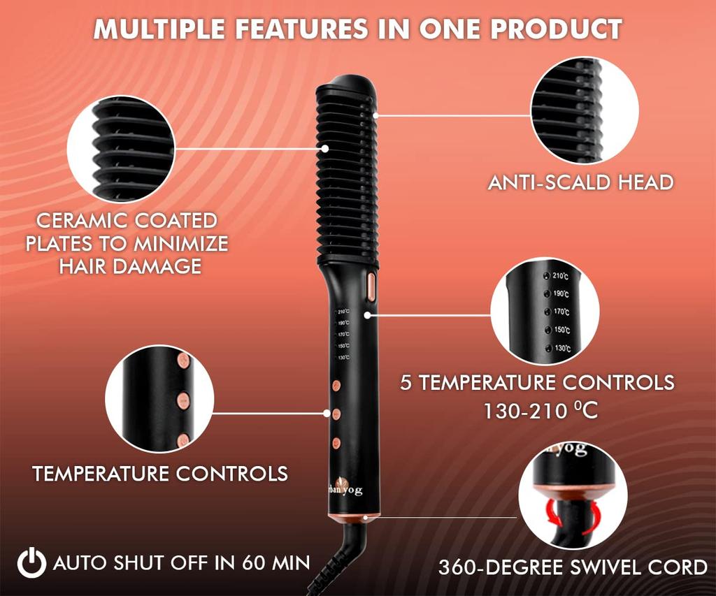 Urban Yog Hair Straightening Brush | Electric Hair Straightner Comb | With Ceramic Coated Plates, 5 Temperature Controls | 1 Year Warranty, Black