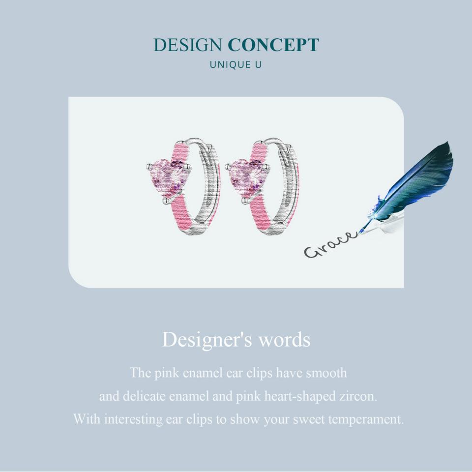 BAMOER Real 925 Sterling Silver Pink Heart Zircon Hoop Earrings Lovely Cindy Color Oil Printed Ear Clips Earring Girl Party Gift