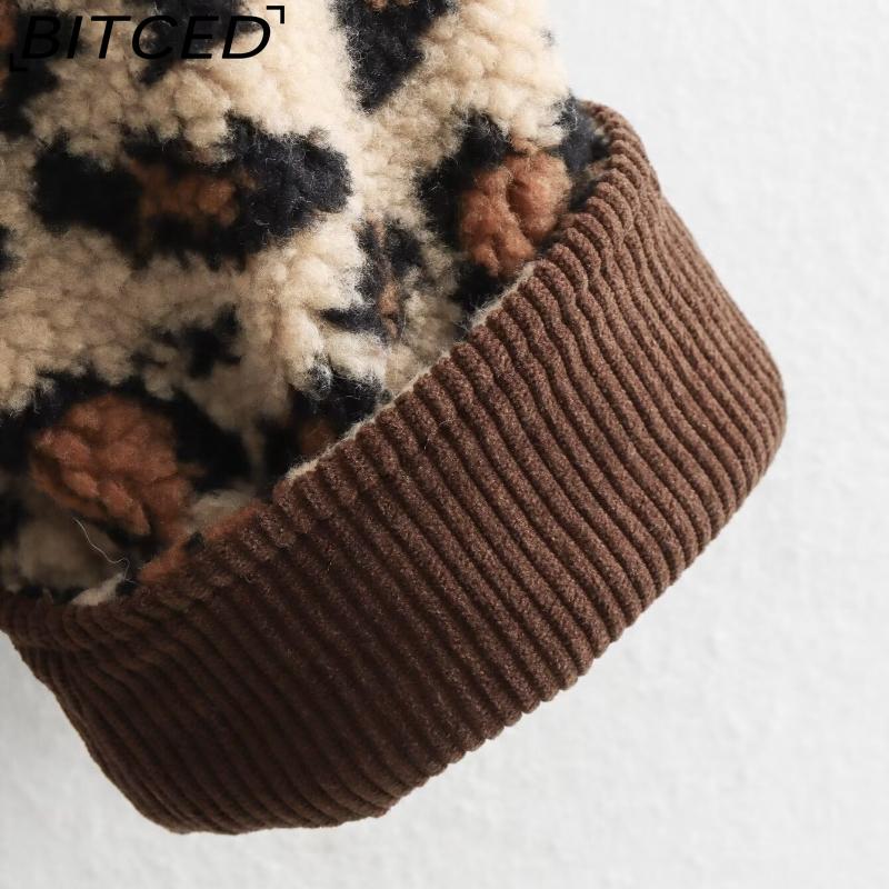 BITCED Women's Autumn Button-Front Fashion Leopard Print Oversized Shearling Coat