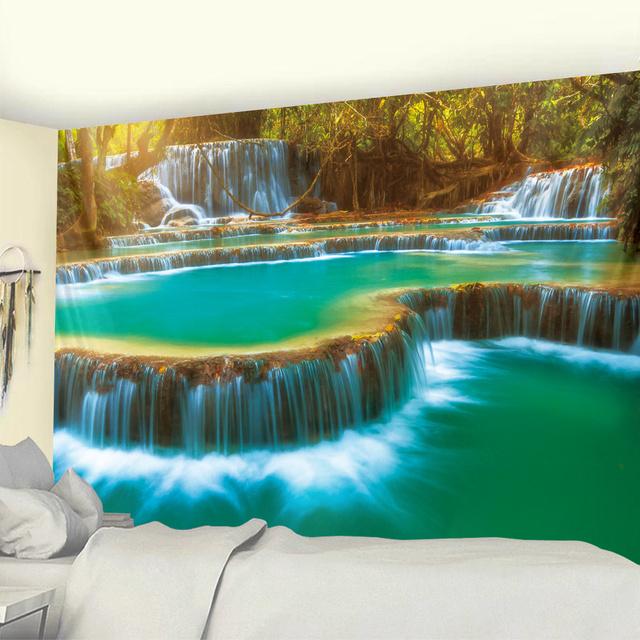 

Природний лісовий пейзаж Гобелен Лісовий водоспад Мистецтво Настінне оформлення вікна спальні Гобелени Декор кімнати Ковдра 95x73cm