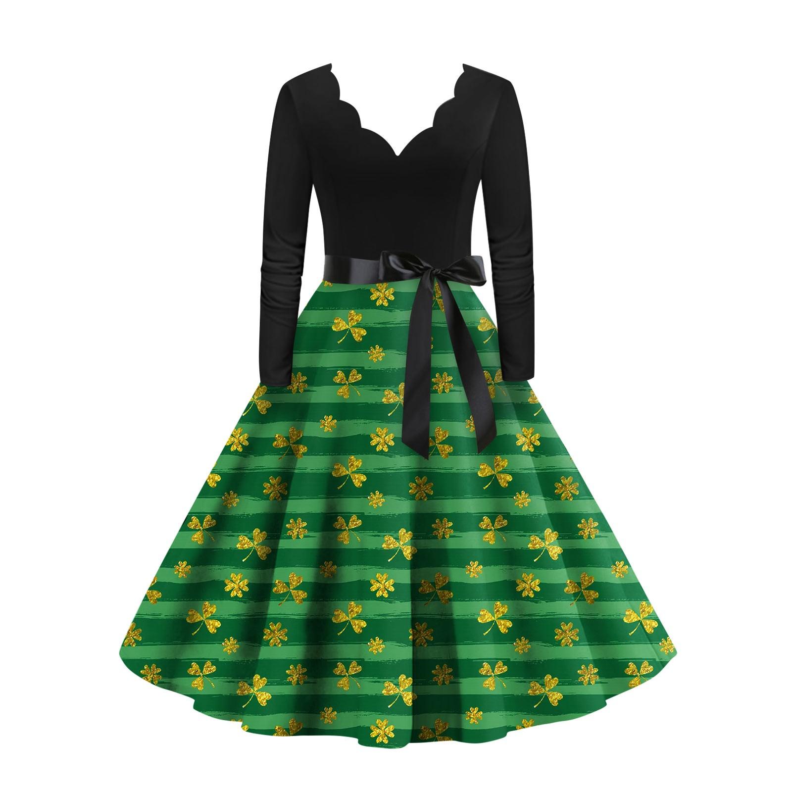 

Женское винтажное классическое платье с длинным рукавом St. Свободное платье с V-образным вырезом и принтом ко Дню Святого Патрика XL