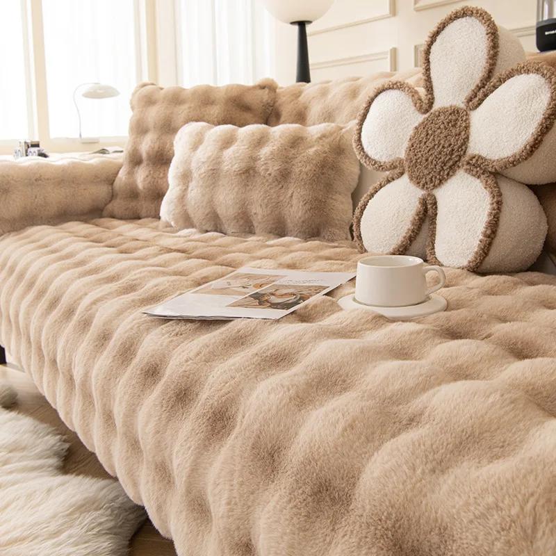 New Style Thickened Living Room Sofa Cushion Non-slip Sofa Cover Cloth French High-grade Rabbit Plush Sofa Cushion Winter