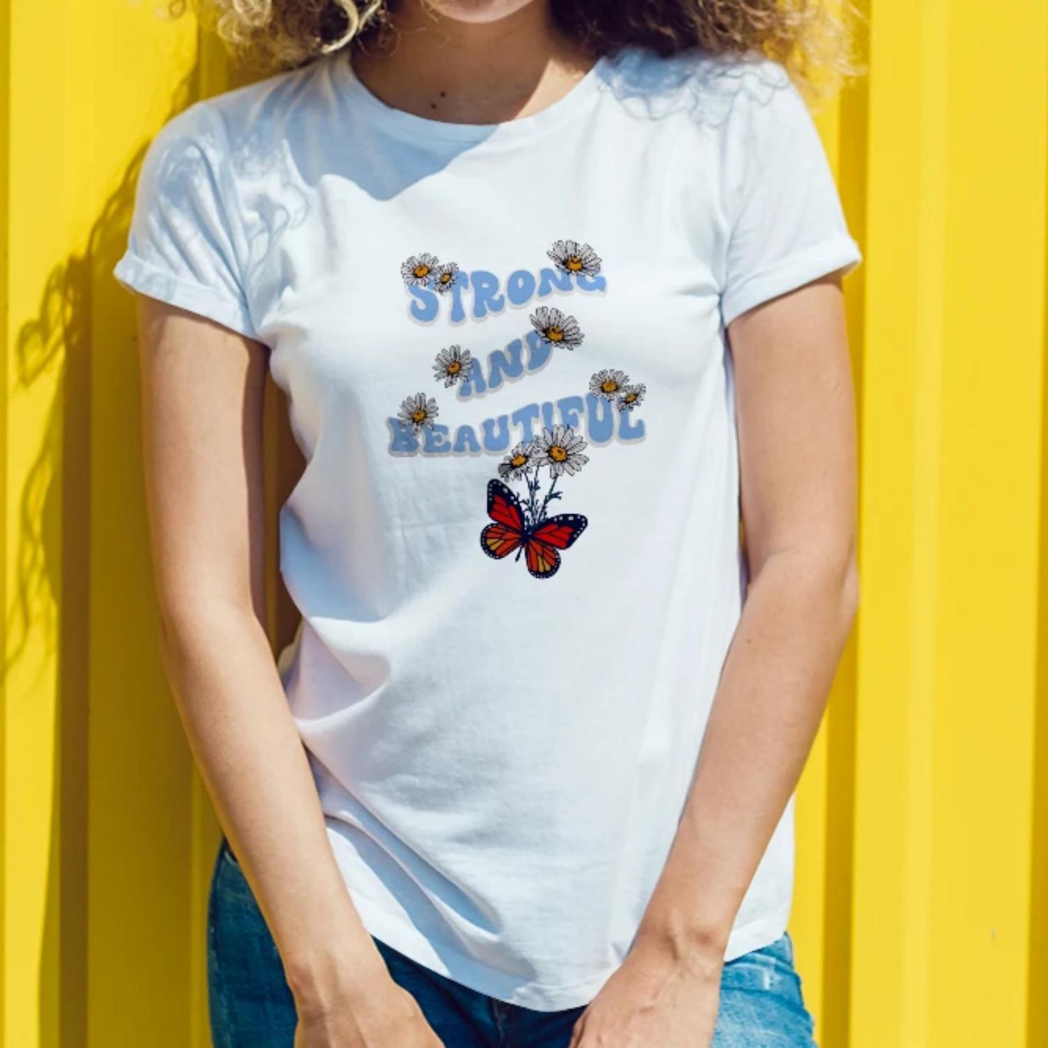 

Uplifting Womens Short Sleeve T Shirt Strong and Beautiful Design with Butterfly and Daisy Graphics for an Empowering Look XXXXXL білий