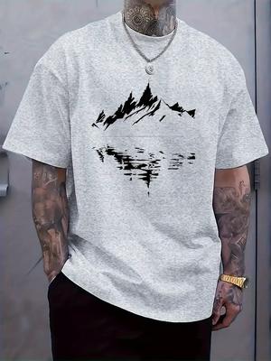 Black and White Mountain Reflection Print Short-Sleeve T-shirt - Lightweight Polyester Blend