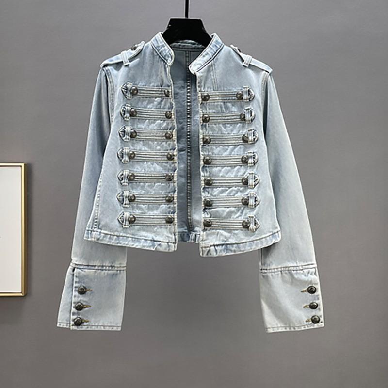 Womens Denim Jacket 2026 Fall Slim Fit Button Decor Stand Collar Long Sleeve Short Coat Streetwear