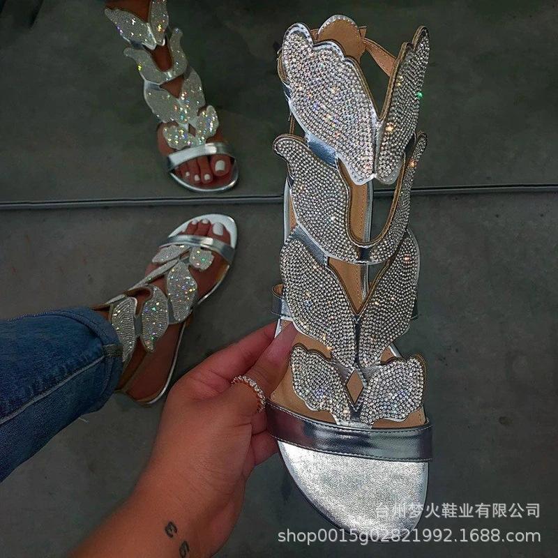 Rhinestone Sandals Women's Summer One-Word Butterfly Rhinestone Sandals