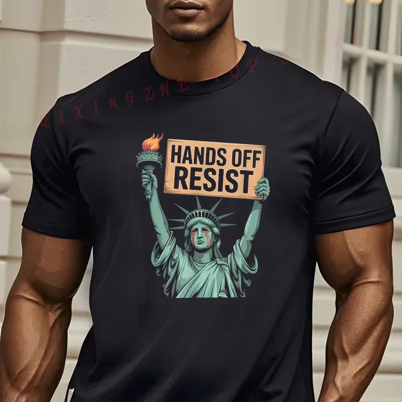Mens Hands Off Protest TShirt With Statue Of Liberty Design Bold Hands Off Slogan Oneck Short Sleeve Casual Top S
